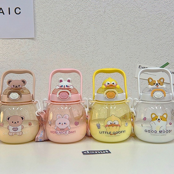 Bình Nước Dung Tích Lớn 1300ml In Họa Tiết Hoạt Hình Có Ống Hút Cho Bé