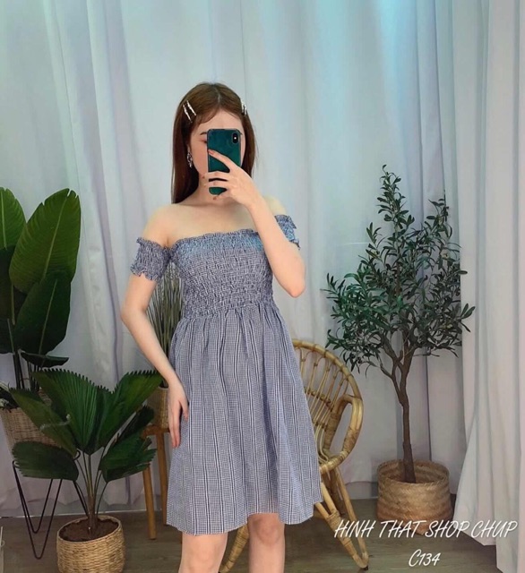 Đầm nhún chỉ bệt vai dáng xòe MH