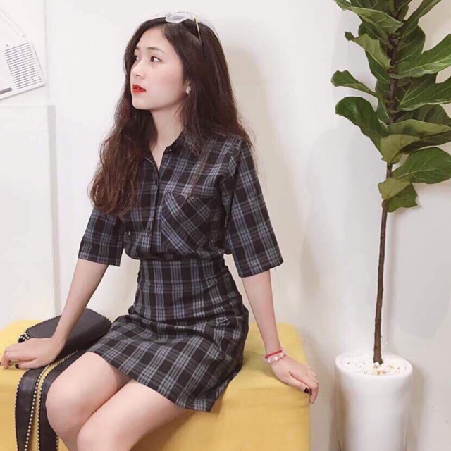 SET Đầm sơ mi hoạ tiếc caro thanh lịch