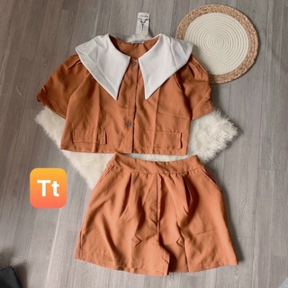 set vest áo crotop cổ sen quần sort