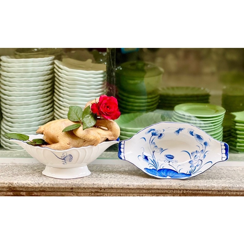 Bộ Bát Đĩa Hoa Mặt Trời Vẽ Sen Chuồn Xanh Men Trắng Chén Dĩa Sứ Cúng Gia Tiên Hoạ Tiết Vẽ Kĩ Sứ Bát Tràng Cao Cấp 2 Size