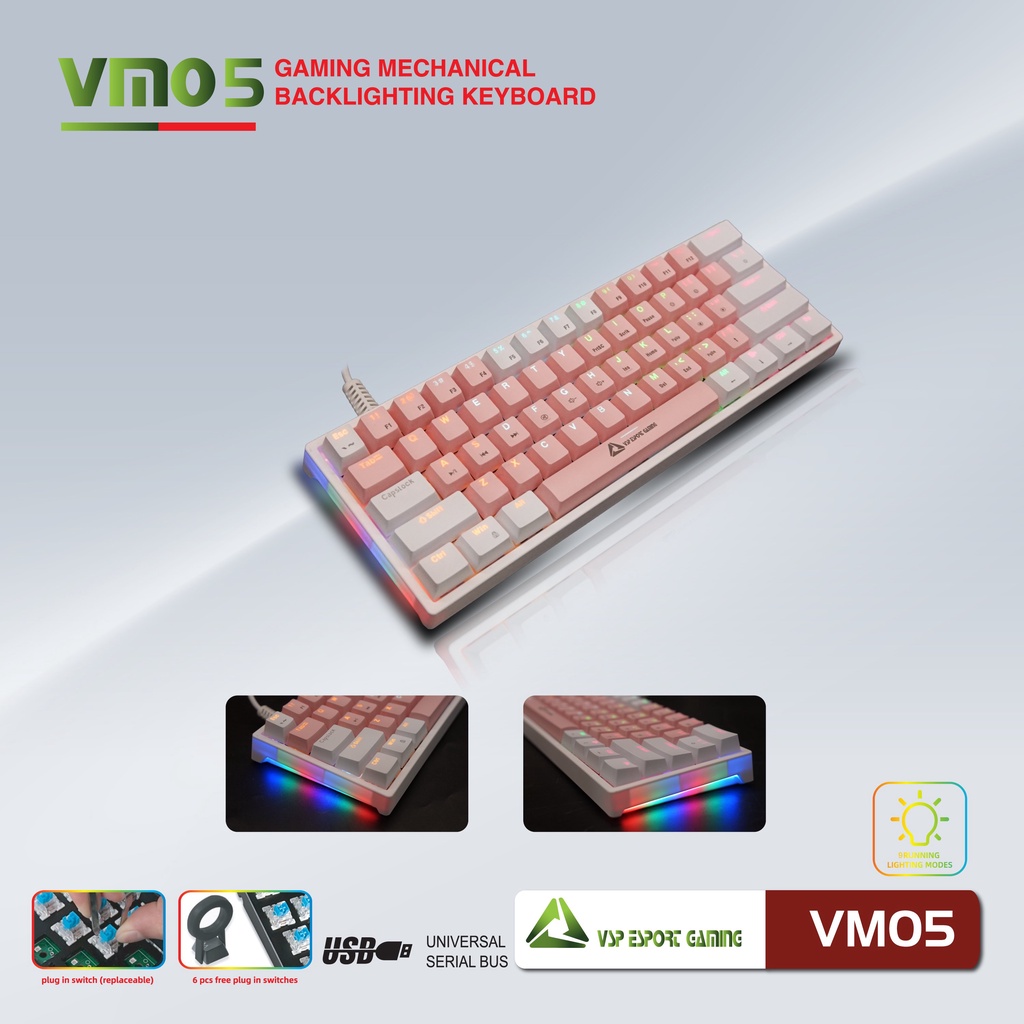 Bàn phím Cơ Gaming Mini VSP Esport VM05 - 9 chế độ Led, 61 Keys - Phụ Kiện 1986