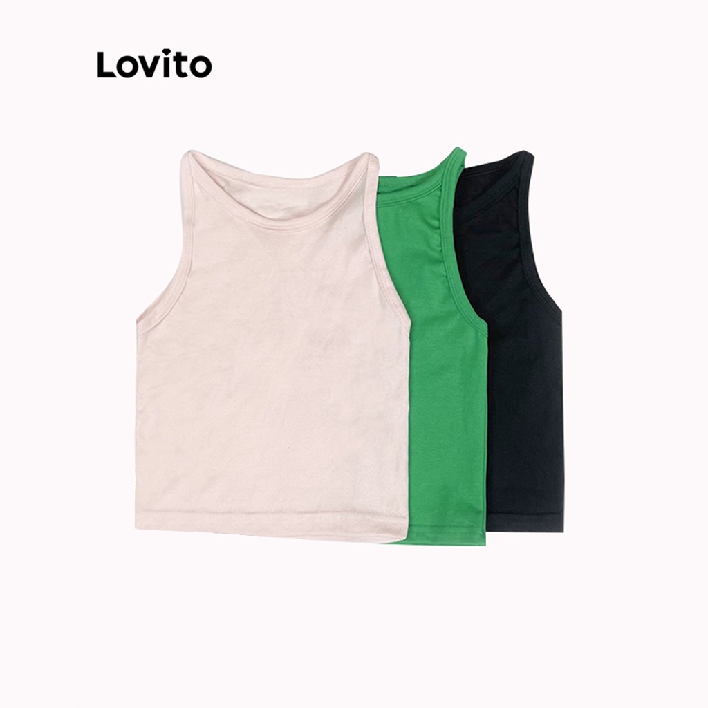 Áo Crop Top Lovito Không Tay Dáng Ôm Màu Trơn (Đen/Xanh Lá/Hồng) | BigBuy360 - bigbuy360.vn