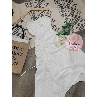 [Ảnh thật] Đầm midi trắng 2 dây rút dây eo vintage