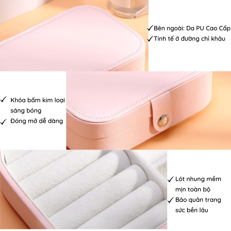 Hộp đựng trang sức mini bằng da PU cao cấp sang trọng chia ngăn để dây chuyền, nhẫn, vòng cổ tiện lợi 16cm