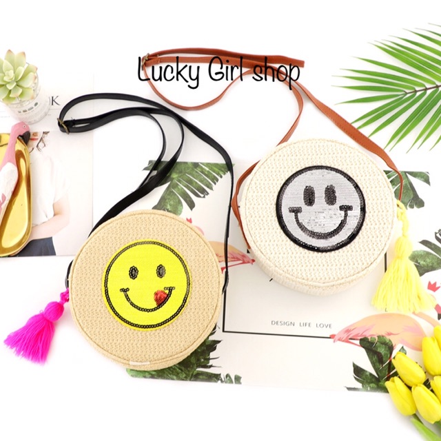 Túi cói đeo chéo tròn mặt cười và túi cói bánh ú gắn hoa cúc trắng dễ thương - Lucky Girl shop