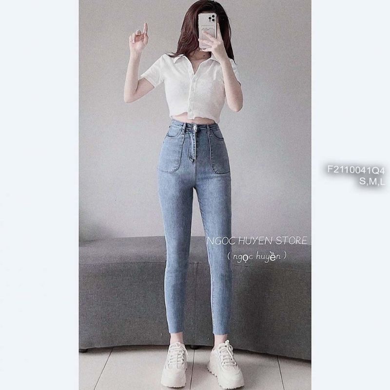 Quần jean dài ôm lưng cao có hai túi phía trước!
