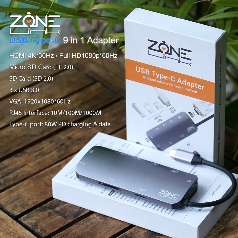 Cổng chuyển đổi USB TYpe C ZONELINK Z9IN1 (Type C to HDMI, USB, HDMI, SD, LAN)