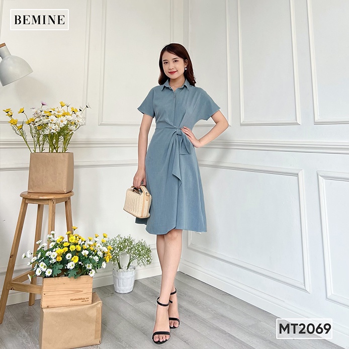 Đầm dáng xòe nữ thiết kế cổ sơ mi nhún eo đính nơ kiểu dáng thanh lịch BEMINE MT2069XANH
