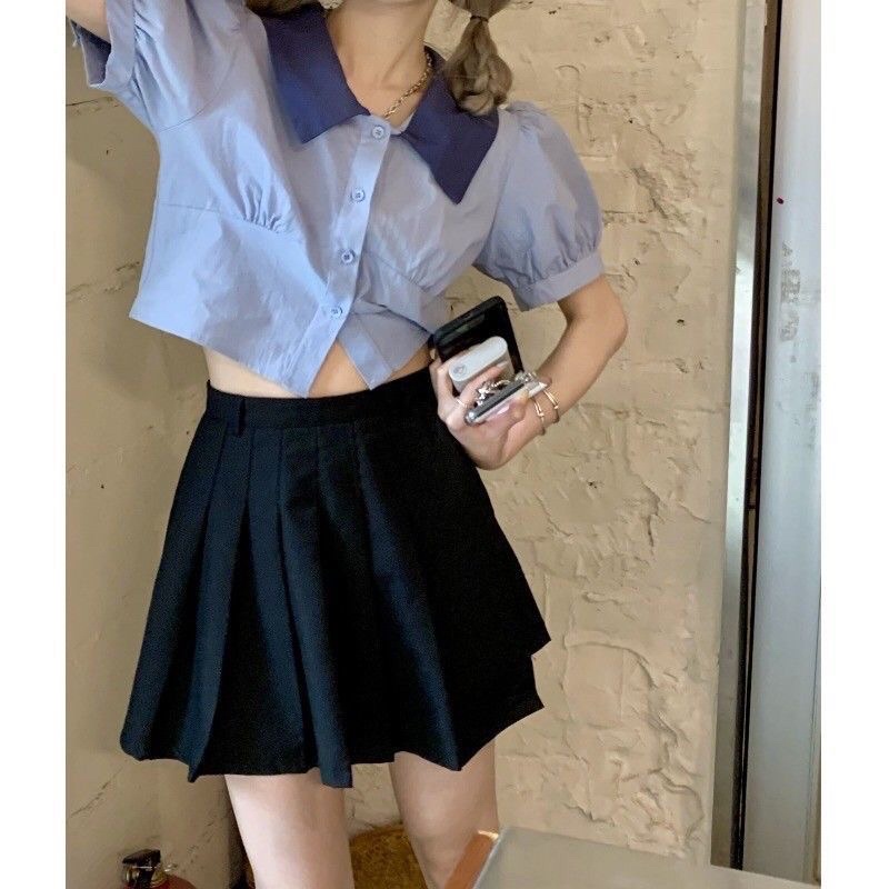 ÁO SƠ MI XANH TAY NGẮN DÁNG CROPTOP