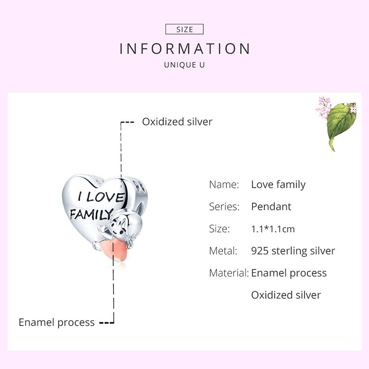 Charm trang sức Bamoer BSC478 hình trái tim khắc chữ I Love Family dùng làm vòng tay dành cho nữ và trẻ em