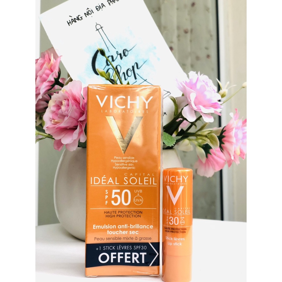 KEM CHỐNG NẮNG VICHY EMULSION ANTI-BRILLANCE SPF50+ TẶNG KÈM SON DƯỠNG và bảo vệ khỏi tia UV cho môi xinh