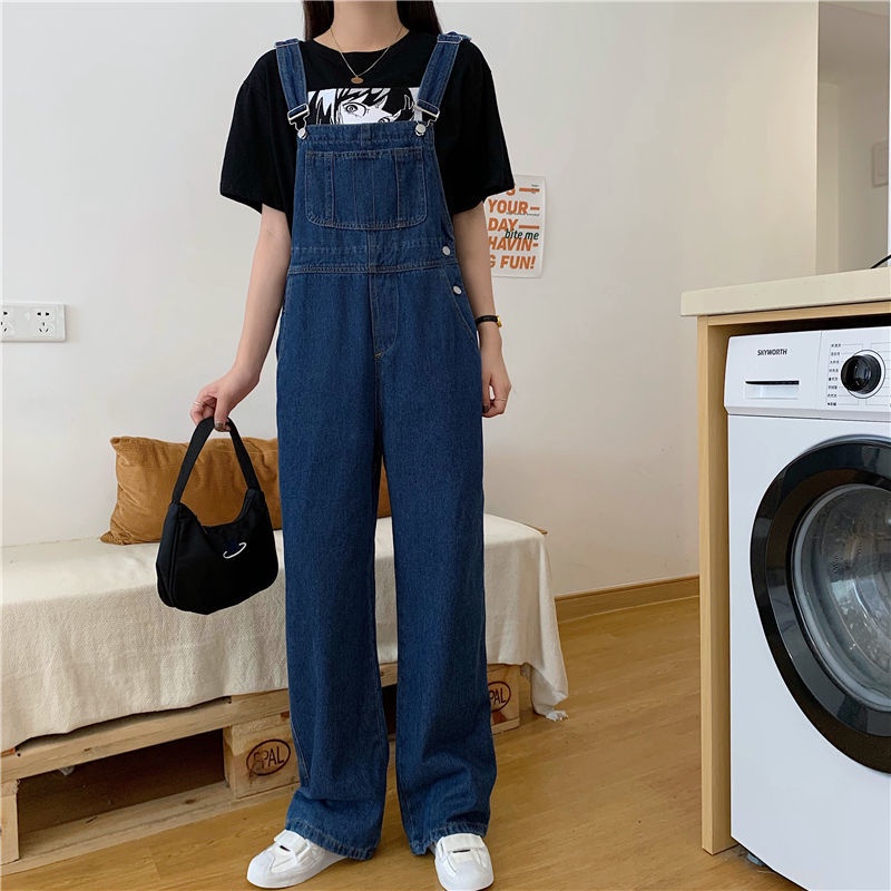 Quần yếm denim ống rộng phong cách Hàn Quốc thời trang cho nữ