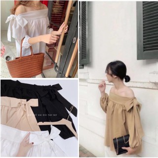 Áo sơ mi trễ vai thắt nơ hottrend , Áo đũi trễ vai thắt nơ phong cách ulzzang Tay Dài Đen/Be/Trắng Khoe Xương Quai Xanh