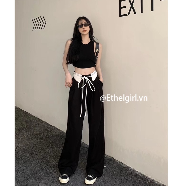 Quần Dài Lưng Cao Ống Rộng Màu Đen Thời Trang Cho Nữ
