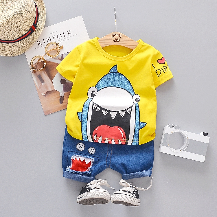 Bộ áo thun cotton họa tiết cá mập kèm quần short phong cách Hàn Quốc dành cho bé 0-5 tuổi