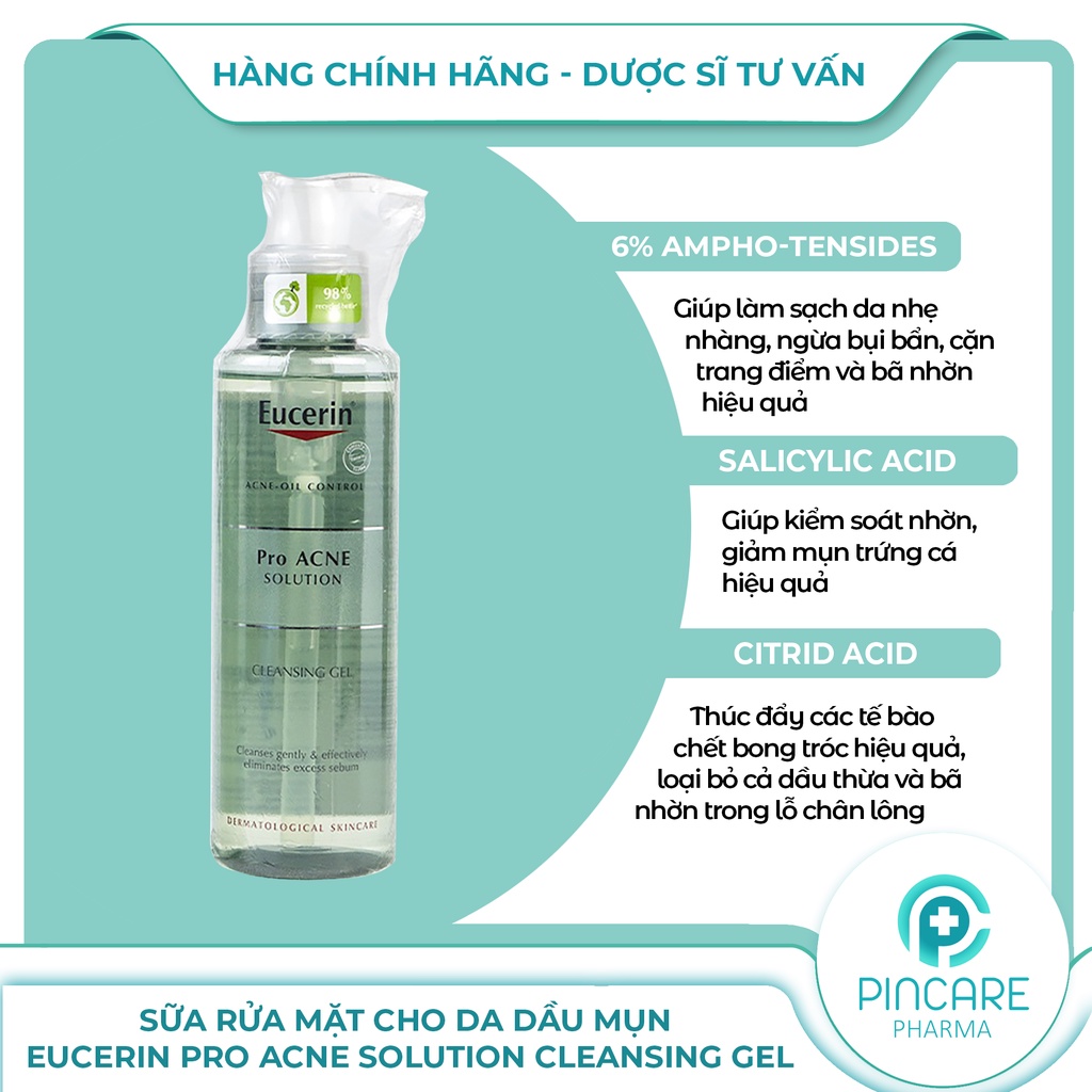 Sữa rửa mặt cho da dầu mụn Eucerin Pro ACNE Solution Cleansing Gel 200ml - Hàng chính hãng - Nhà thuốc PinCare