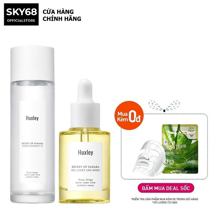 Combo Dưỡng Ẩm Tối Ưu, Dưỡng Trắng Chiết Xuất Xương Rồng Huxley ( Toner 120ml + Serum Light And More 30ml )