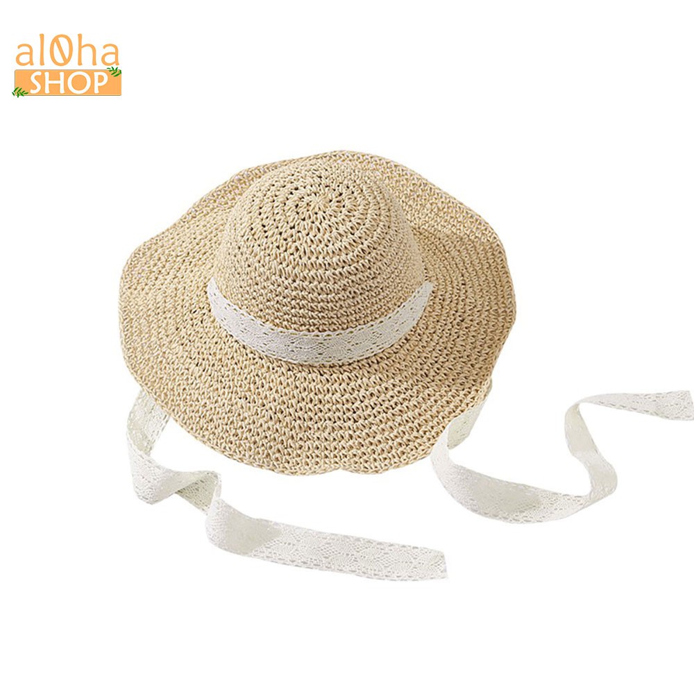 Mũ cói mềm dây ren buộc cổ - nón cói vành to chống nắng, đi biển phong cách