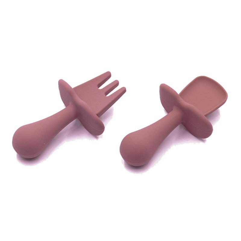 Bộ thìa dĩa tập xúc silicon cán ngắn có nút chặn, set muỗng ăn dặm an toàn cho bé - Monnie Kids