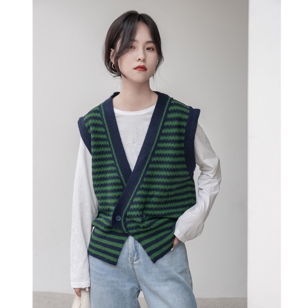 Áo Cardigan dệt kim không tay cổ chữ v form rộng họa tiết kẻ sọc phong cách retro | BigBuy360 - bigbuy360.vn