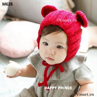 Mũ cho bé - mũ len gấu 2 màu đỏ đô/nâu