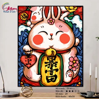 Tranh tô màu theo số thỏ chiêu tài có sẵn đã căng khung 40x50cm DV4011