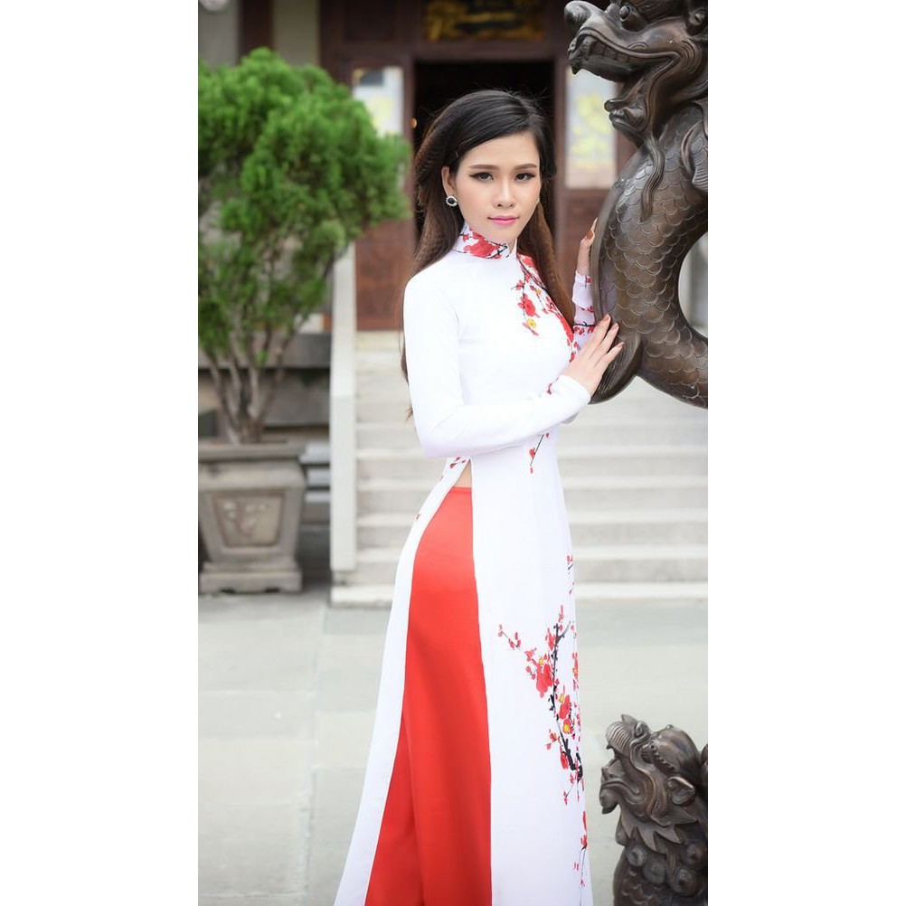 Áo dài voan chiffon nền trắng hoa đào đỏ