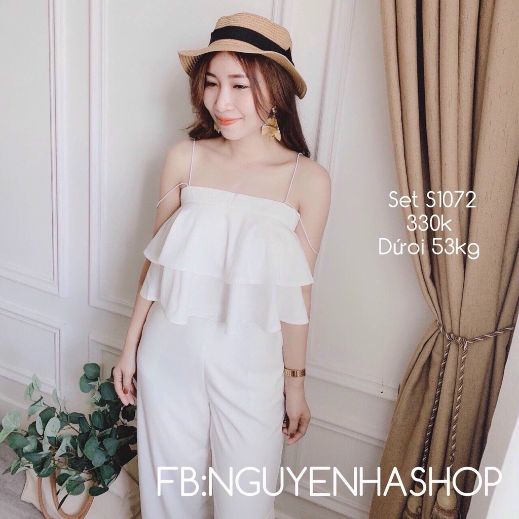 [ Miễn Phí Ship 2022 ] Set bộ kate áo hai dây xếp ly hai tầng kèm quần dài ống xuông