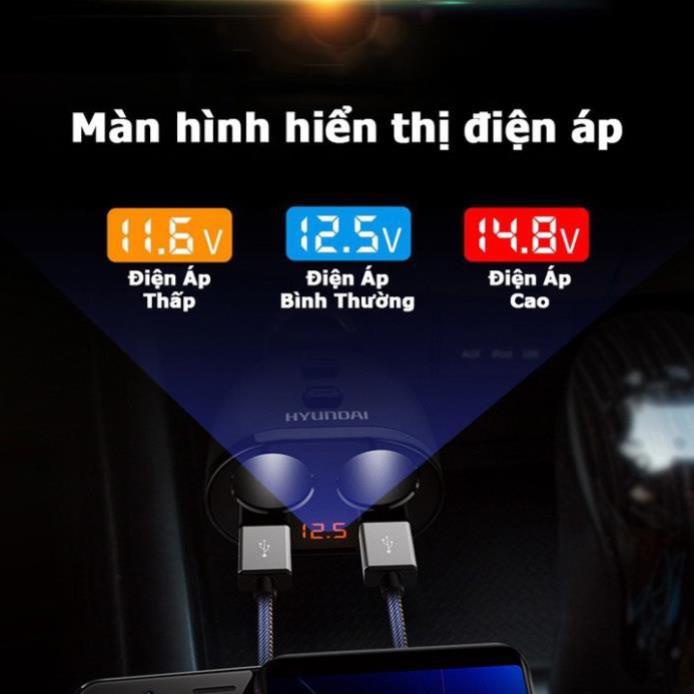 Tẩu chia sạc nhanh ô tô Hyundai HY-16 Có đèn led báo hiệu điện áp - Bảo hành 12 tháng