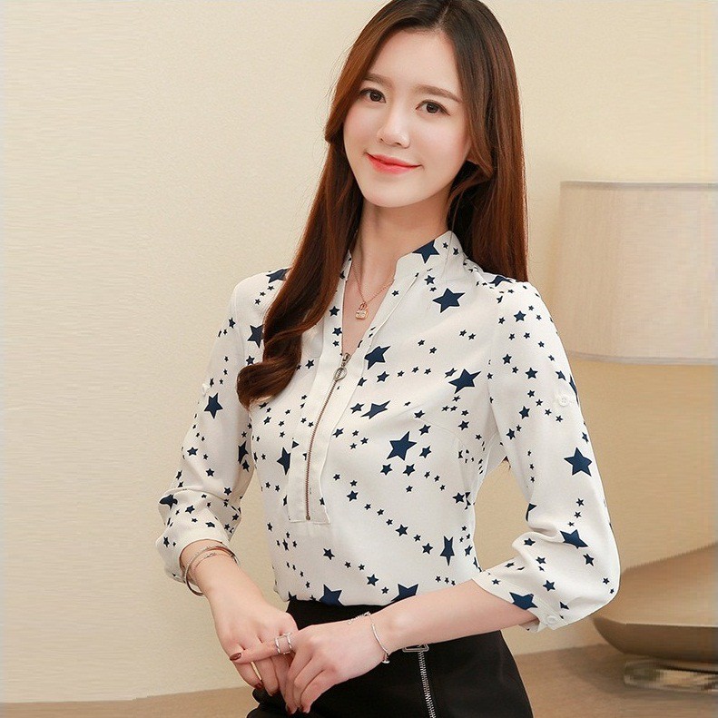 Hàng Nhập : ÁO SƠ MI KIỂU CỔ V, PHỐI DÂY KÉO THỜI TRANG – AK 346
