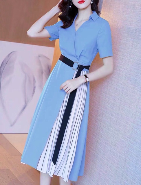 Đầm váy freesize xanh phối sọc