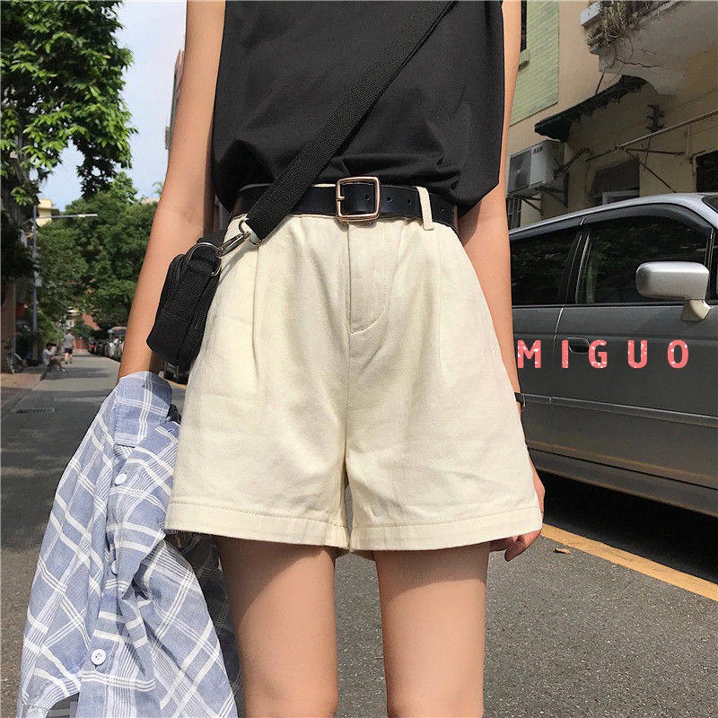Quần Đùi Denim Lưng Cao Ống Rộng Phong Cách Hàn Quốc