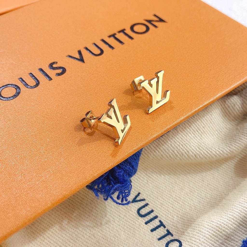 LOUIS VUITTON Khuyên Tai Tròn Bằng Thép Titan In Logo LV Thời Trang