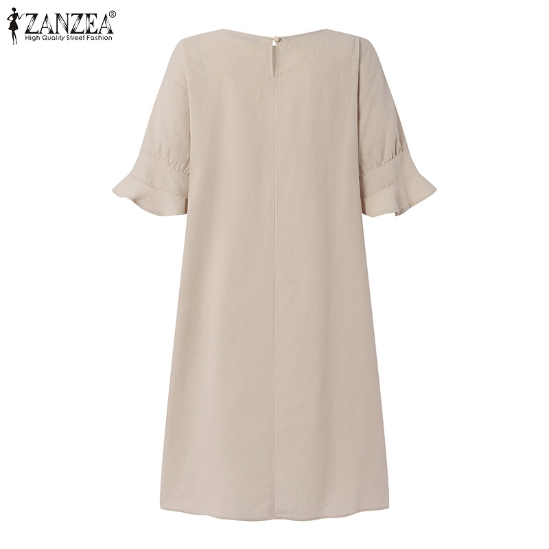 Zanzea Đầm Mini Tay Lửng Ống Loe Cổ Tròn Thời Trang Dành Cho Nữ