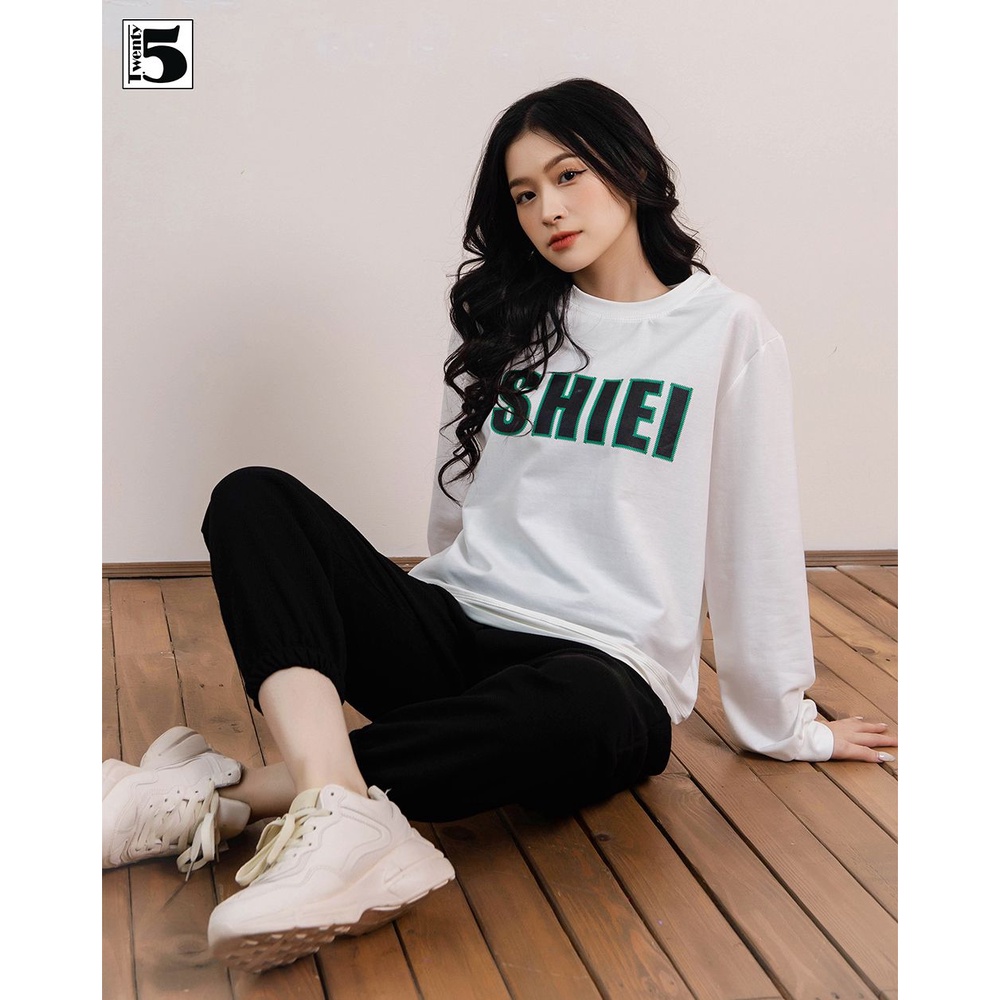 Set bộ áo thun dài tay in chữ và quần suông cạp chun bo gấu Twentyfive 4197