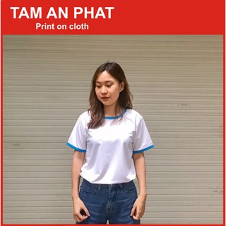 [ ẢNH THẬT ] Áo Thun Trơn Màu Trắng Viền Xanh In Được Chuyển Nhiệt