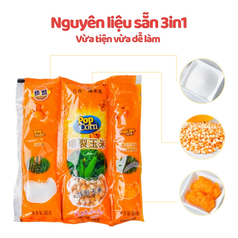 Bắp Rang Bơ 3 in 1 - Set Bỏng Ngô Nổ Tự Làm - Đồ Ăn Vặt Vị Caramel Bơ Chocolate