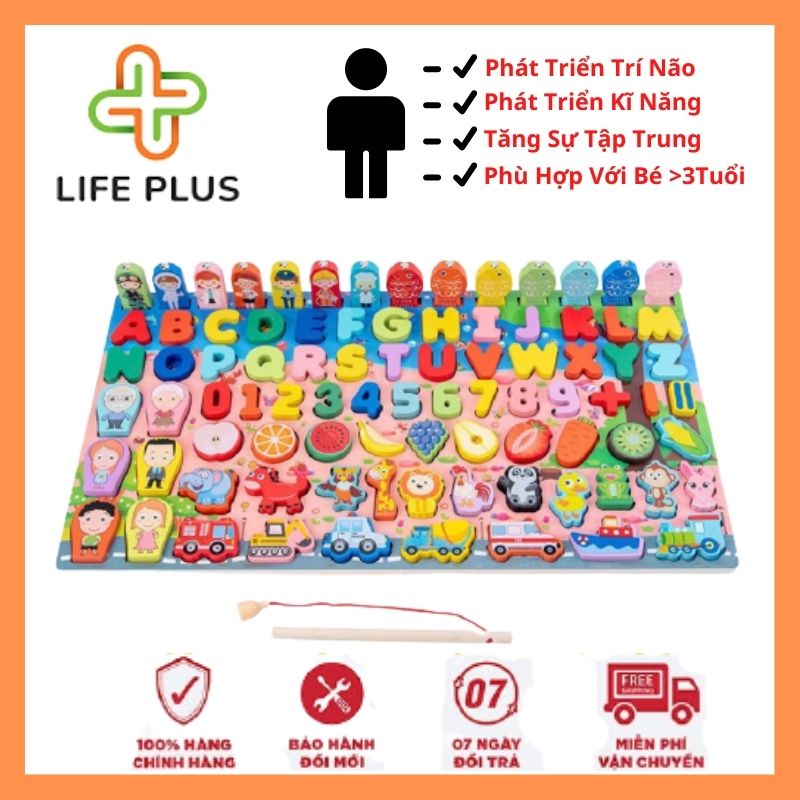 Bộ Đồ Chơi Gỗ Nhiều Chi Tiết Đẹp 7 in 1 Cho Bé Trai, Bé Gái Phát Triển Tư Duy Ghép Hình, Chữ Số, Chữ Cái Câu Cá Nam Châm