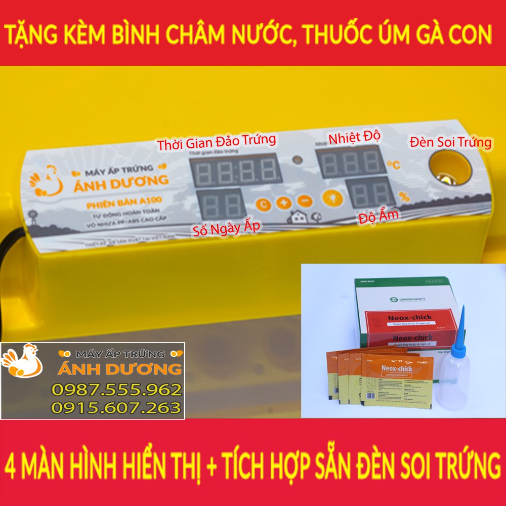 Máy ấp Ánh Dương A100 ấp 100 trứng gà, vịt, ngan, bồ câu, chim cút, nở trên 95% - Khay đảo nhôm