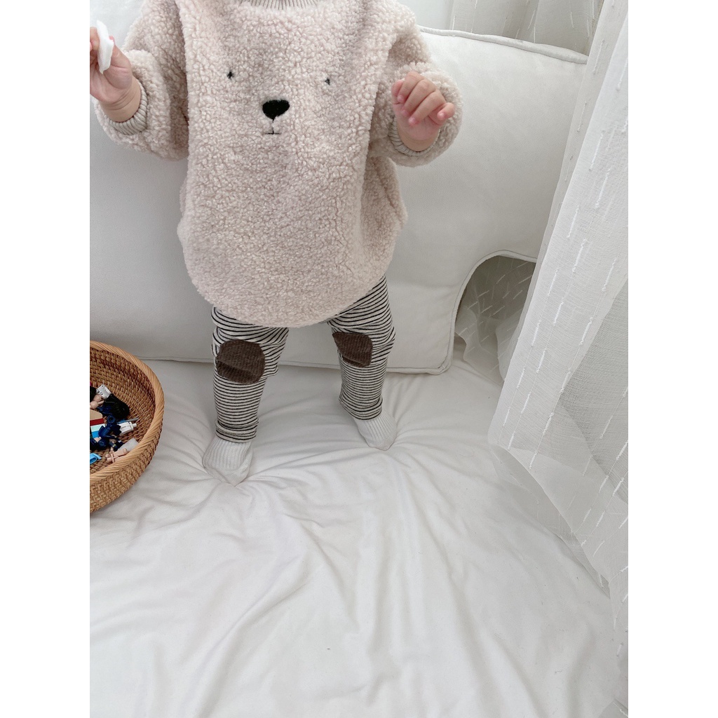 Quần legging lót lông kẻ ngang cho bé trai bé gái đáp gối phong cách Hàn Quốc dành cho bé từ 5kg đến 13kg
