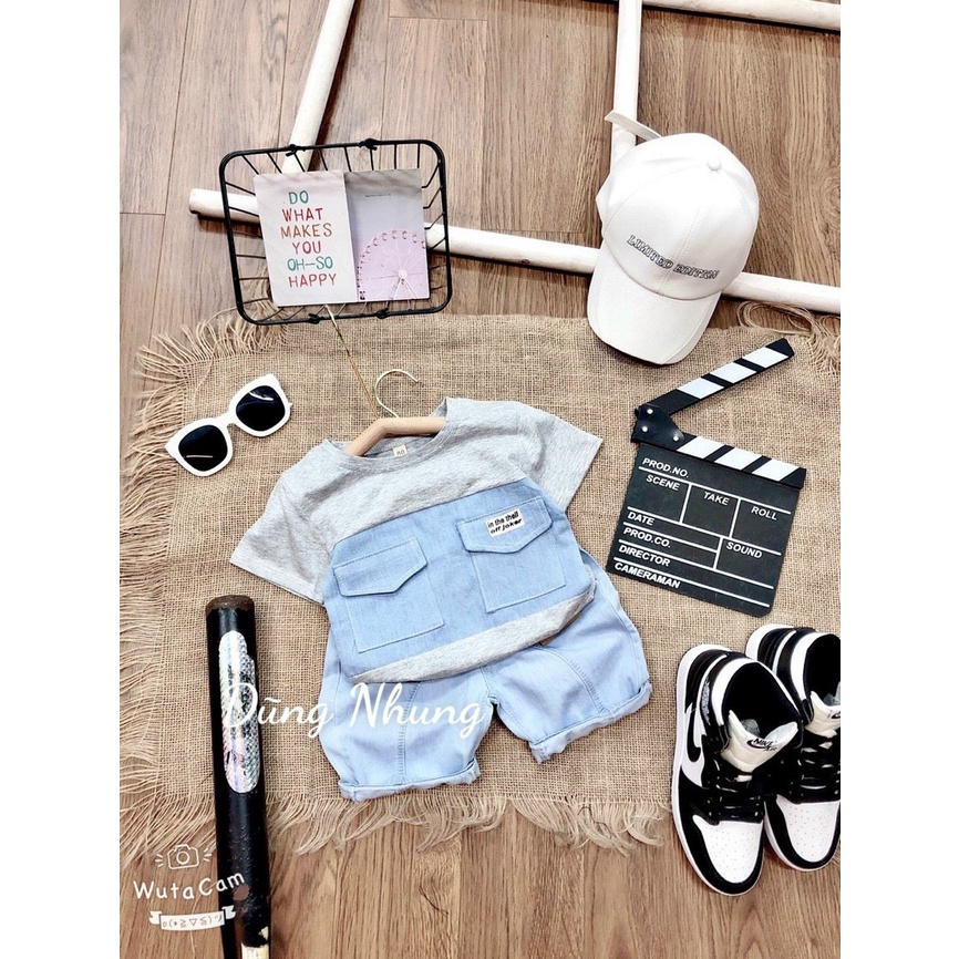 Bộ jean áo né phối jean phần trên  kèm quần jean mềm cho bé