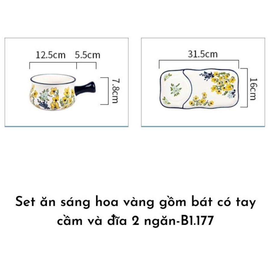 Set bát đĩa ăn sáng Hoa Mai Vàng gồm thố sứ có tay cầm ăn mì và đĩa chữ nhật 2 ngăn