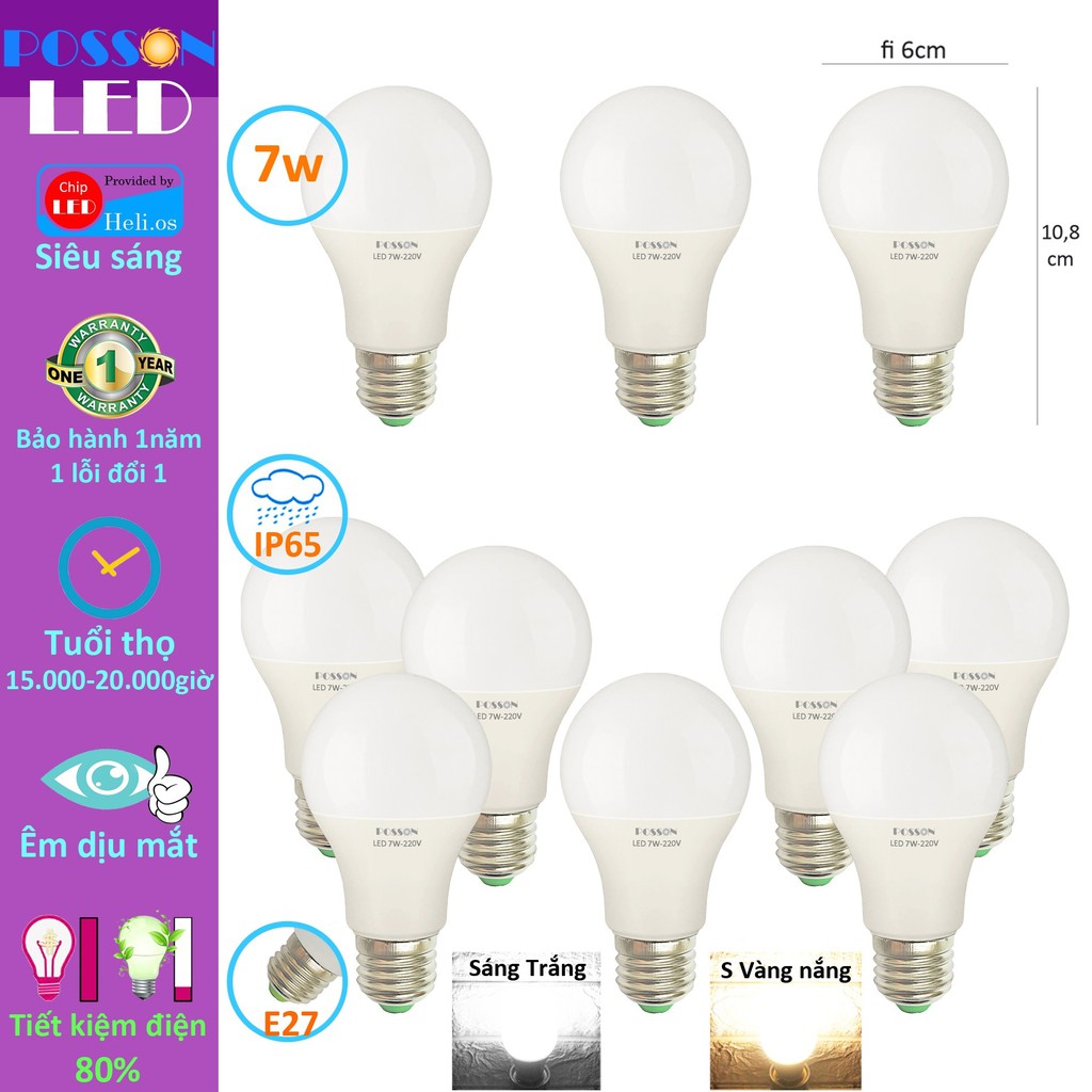 10 Bóng đèn Led 7w bup tròn A60 bulb tiết kiệm điện kín chống nước Posson LB-7x