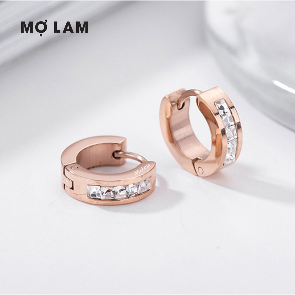 Hoa tai vàng tròn nhỏ đính đá | Bông tai tròn hột xoàn | Trang sức Titan Mợ Lam - Heart Titanium Huggies Earrings