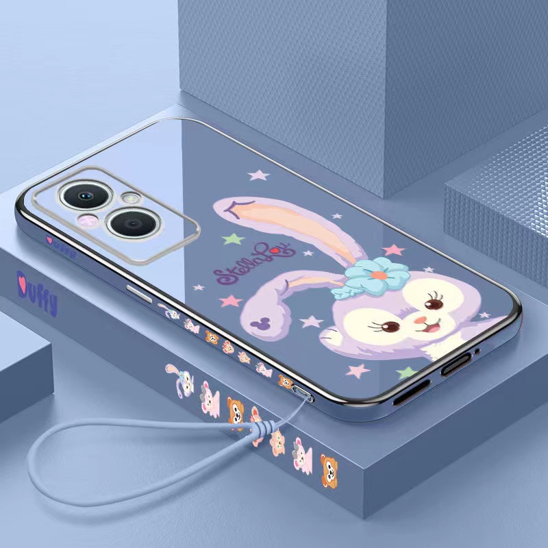 Vỏ OPPO Reno 8 4G Reno 8 Z 5G Reno 8 5G Reno 8 Pro 5G A57 4G 2022 A76 A96 A16K A16e Cạnh thẳng mạ điện 90 ° Phim hoạt hình thỏ Bảo vệ máy ảnh Vỏ điện thoại