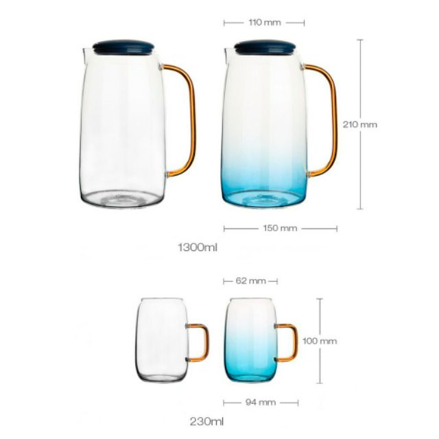 Bình Nước Thủy Tinh 1400ml, 4 Ly 230ml, Khay sứ