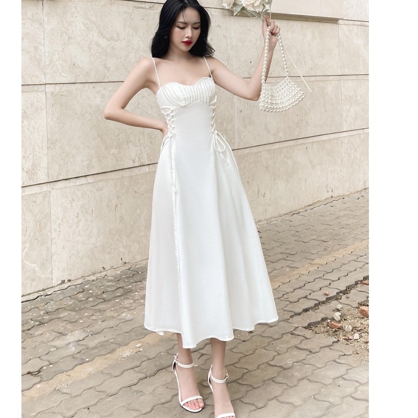 Đầm đi dự tiệc cưới thiết kế hai dây dáng xòe, đan dây xinh xắn