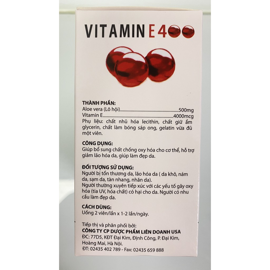 Vitamin E Đỏ,Lô Hội.100 Viên.Giúp Cải Thiện Chống Lão Hóa Da,Sáng Và Mịn Da