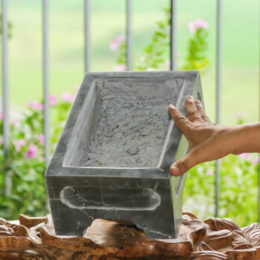 Chậu trồng bonsai mini đá xanh đen nguyên khối đục khuôn tranh bằng tay 4 mặt, KT: 30x20x12